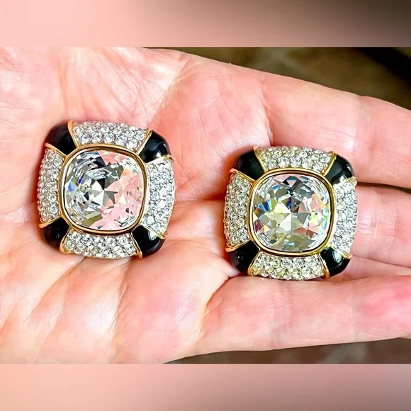 Swarovski Large Gold Plate Clip on Earrings Blk Enamel, Clear Crystal - Picture 8 of 8